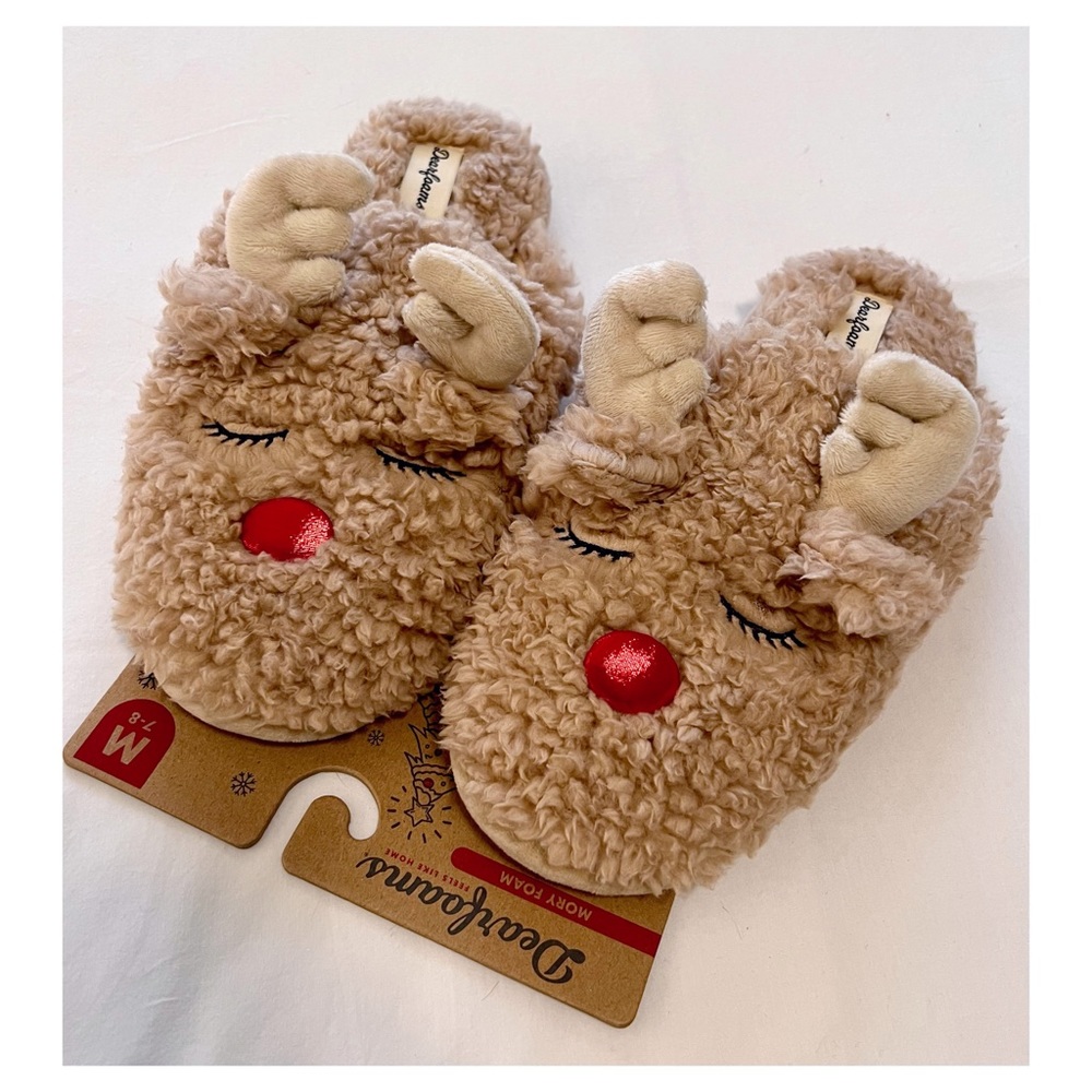 Dearfoams Faux Fur Reindeer Scuff Slippers, Indoor/Outdoor, Plush Sz: 7-8, 9-10